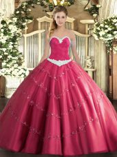 Sweetheart Sleeveless Quinceanera Dresses Floor Length Appliques Hot Pink Tulle