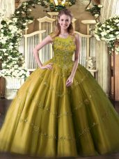 Free and Easy Sleeveless Floor Length Appliques Zipper Ball Gown Prom Dress with Olive Green