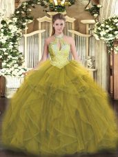 Olive Green Sleeveless Floor Length Beading and Ruffles Lace Up Quinceanera Gowns