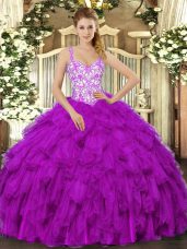 Fantastic Straps Sleeveless Organza Quinceanera Dresses Beading and Appliques and Ruffles Lace Up