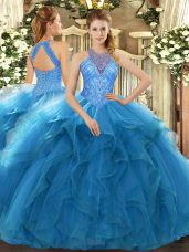 Teal Sleeveless Beading and Ruffles Floor Length Sweet 16 Dresses