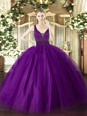 Shining Purple Zipper Quinceanera Gowns Beading Sleeveless Floor Length