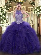 Superior Tulle Halter Top Sleeveless Lace Up Beading and Ruffled Layers Quinceanera Dress in Purple