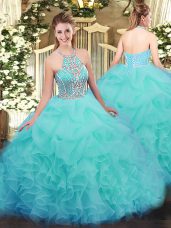 Spectacular Floor Length Aqua Blue Sweet 16 Dresses Tulle Sleeveless Ruffles