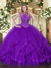 Sleeveless Floor Length Beading and Ruffles Zipper Vestidos de Quinceanera with Purple