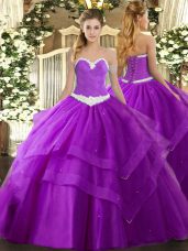 Hot Sale Floor Length Purple Quinceanera Gown Tulle Sleeveless Appliques and Ruffled Layers