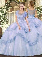 Custom Designed Lavender Ball Gowns Scoop Sleeveless Tulle Floor Length Clasp Handle Beading and Appliques Sweet 16 Dress