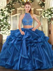 Cheap Organza Halter Top Sleeveless Criss Cross Beading and Ruffled Layers 15th Birthday Dress in Blue