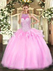 Pink Ball Gowns Halter Top Sleeveless Tulle Floor Length Lace Up Beading Sweet 16 Dress