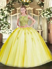 Scoop Sleeveless Tulle 15 Quinceanera Dress Beading and Appliques Lace Up