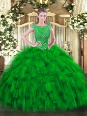 Glamorous Green Organza Zipper Ball Gown Prom Dress Sleeveless Floor Length Beading and Ruffles