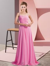 Rose Pink Empire Chiffon Spaghetti Straps Sleeveless Ruching Backless Homecoming Dress Sweep Train