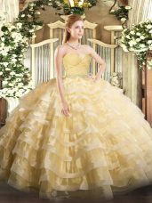 Enchanting Gold Ball Gowns Sweetheart Sleeveless Tulle Floor Length Zipper Beading and Lace and Ruffled Layers Quince Ball Gowns