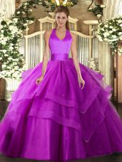 Fuchsia Lace Up Quince Ball Gowns Ruffled Layers Sleeveless Floor Length