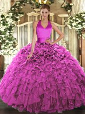 Fuchsia Ball Gowns Halter Top Sleeveless Organza Floor Length Lace Up Ruffles Quinceanera Dresses