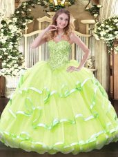 Sweetheart Sleeveless Quinceanera Gowns Floor Length Appliques and Ruffled Layers Yellow Green Organza