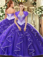 Floor Length Purple Quince Ball Gowns Sweetheart Cap Sleeves Lace Up