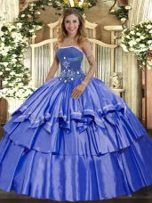 Blue Ball Gowns Strapless Sleeveless Organza and Taffeta Floor Length Lace Up Beading and Ruffled Layers Ball Gown Prom Dress