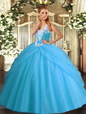 Fine Straps Sleeveless 15th Birthday Dress Floor Length Beading and Pick Ups Aqua Blue Tulle