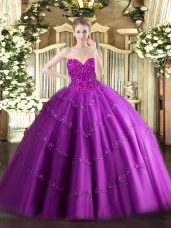 Floor Length Lace Up Vestidos de Quinceanera Fuchsia for Military Ball and Sweet 16 and Quinceanera with Beading