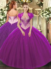 Discount Floor Length Lace Up Quinceanera Gowns Eggplant Purple for Military Ball and Sweet 16 and Quinceanera with Beading