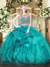 Scoop Sleeveless Lace Up Quinceanera Dresses Teal Organza