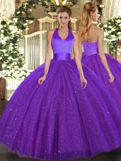 Purple Tulle Lace Up Quinceanera Gowns Sleeveless Floor Length Sequins
