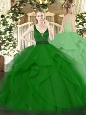 Sumptuous Sleeveless Floor Length Beading and Ruffles Zipper Quinceanera Dresses with Dark Green