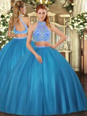 Glittering Halter Top Sleeveless Tulle Sweet 16 Dresses Beading Criss Cross
