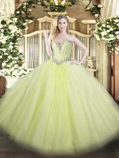 Graceful Tulle Sweetheart Sleeveless Lace Up Beading Sweet 16 Dress in Yellow Green