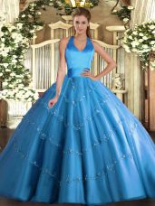 Floor Length Baby Blue Sweet 16 Dress Tulle Sleeveless Appliques