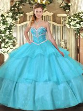 Aqua Blue Ball Gowns Tulle Sweetheart Sleeveless Beading and Ruffled Layers Floor Length Lace Up 15 Quinceanera Dress