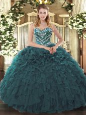 Teal Sweet 16 Dress Military Ball and Sweet 16 and Quinceanera with Beading and Ruffled Layers Sweetheart Sleeveless Lace Up