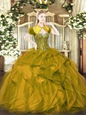 Admirable Floor Length Lace Up 15th Birthday Dress Brown for Military Ball and Sweet 16 and Quinceanera with Beading and Ruffles