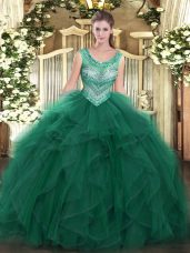 Colorful Dark Green Tulle Lace Up Vestidos de Quinceanera Sleeveless Floor Length Beading and Ruffles
