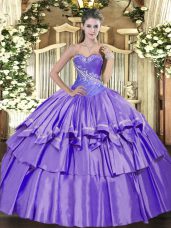 Dazzling Lavender Sweetheart Neckline Beading and Ruffled Layers Quince Ball Gowns Sleeveless Lace Up