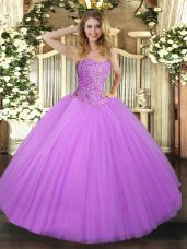 Dazzling Sleeveless Floor Length Beading Lace Up 15 Quinceanera Dress with Lilac