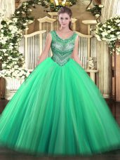 Floor Length Turquoise Vestidos de Quinceanera Tulle Sleeveless Beading