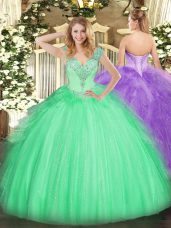 Apple Green Sweet 16 Dress Military Ball and Sweet 16 and Quinceanera with Beading V-neck Sleeveless Lace Up