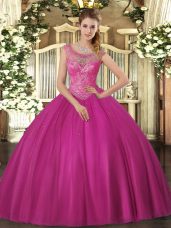 Sleeveless Tulle Floor Length Lace Up 15th Birthday Dress in Fuchsia with Beading