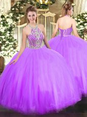 Lilac Ball Gowns Halter Top Sleeveless Tulle Floor Length Lace Up Beading 15 Quinceanera Dress
