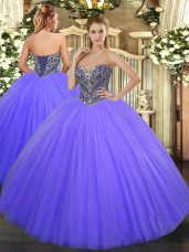 Sleeveless Floor Length Beading Lace Up Quince Ball Gowns with Lavender