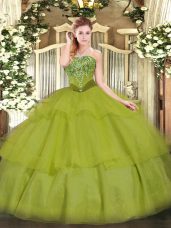 Gorgeous Strapless Sleeveless Lace Up Sweet 16 Dresses Olive Green Tulle