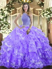 Glorious Lavender High-neck Lace Up Beading and Ruffled Layers Sweet 16 Dresses Sleeveless