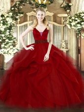 Wine Red Tulle Zipper Straps Sleeveless Floor Length Quinceanera Dresses Beading and Ruffled Layers