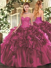 Vintage Floor Length Burgundy Sweet 16 Dress Organza Sleeveless Beading and Ruffles