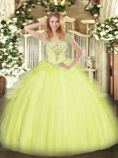 Yellow Green V-neck Neckline Beading and Ruffles Quince Ball Gowns Sleeveless Lace Up