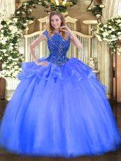 Smart Blue Scoop Neckline Beading Sweet 16 Dress Cap Sleeves Zipper