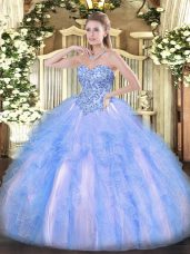 Fancy Organza Sleeveless Floor Length Vestidos de Quinceanera and Appliques and Ruffles