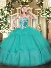 Exceptional Floor Length Lace Up Sweet 16 Dress Turquoise for Military Ball and Sweet 16 and Quinceanera with Beading and Ruffled Layers